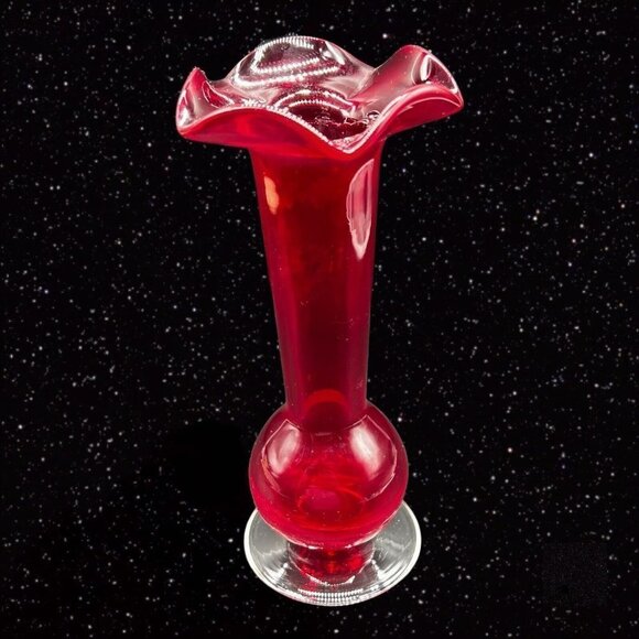 Art Glass Vase Crackle Bottom Ruby Red Ruffled Top Clear Bottom Glass 8”T 3.25”W - Picture 2 of 9